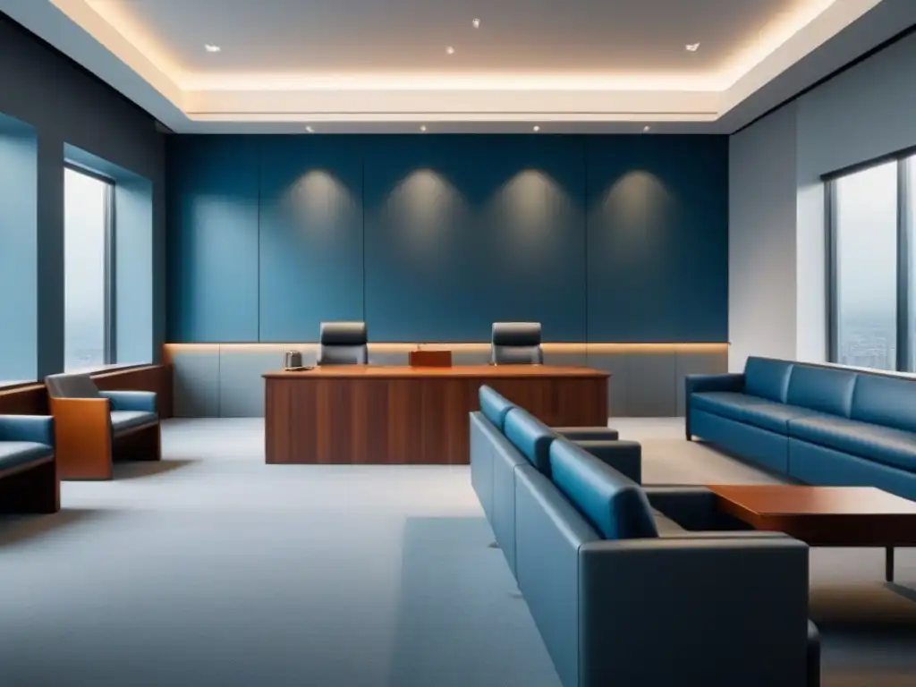 Moderna sala de tribunal: diseño minimalista y autoridad legal Moderno tribunal con diseño minimalista en tonos grises y azules, transmitiendo autoridad y profesionalidad