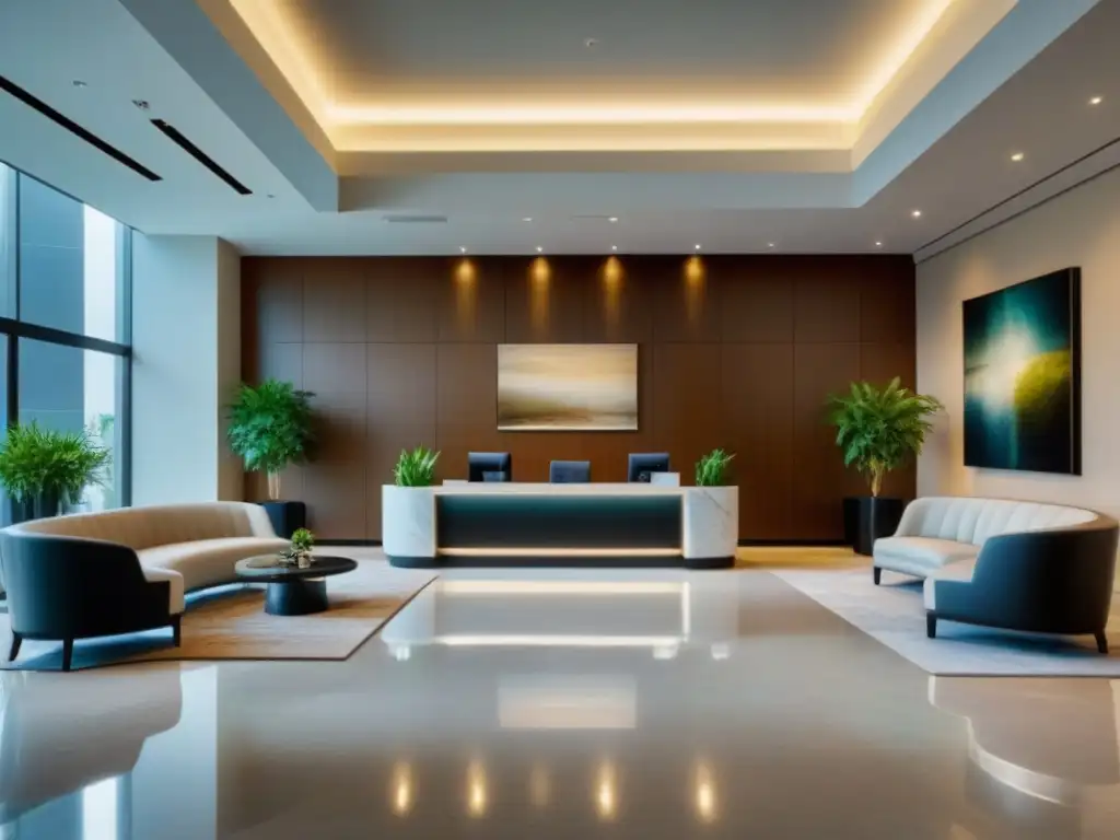 Espléndido lobby de lujo con decoración contemporánea y elegante Moderno vestíbulo de empresa gestión propiedad tiempo compartido con elegante mobiliario contemporáneo, suelo de mármol y luz natural