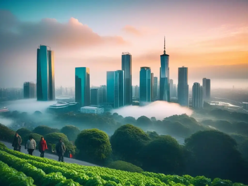 Horizonte urbano futurista al atardecer: innovación inmobiliaria global Modernos rascacielos al atardecer con impacto envejecimiento mercado inmobiliario global