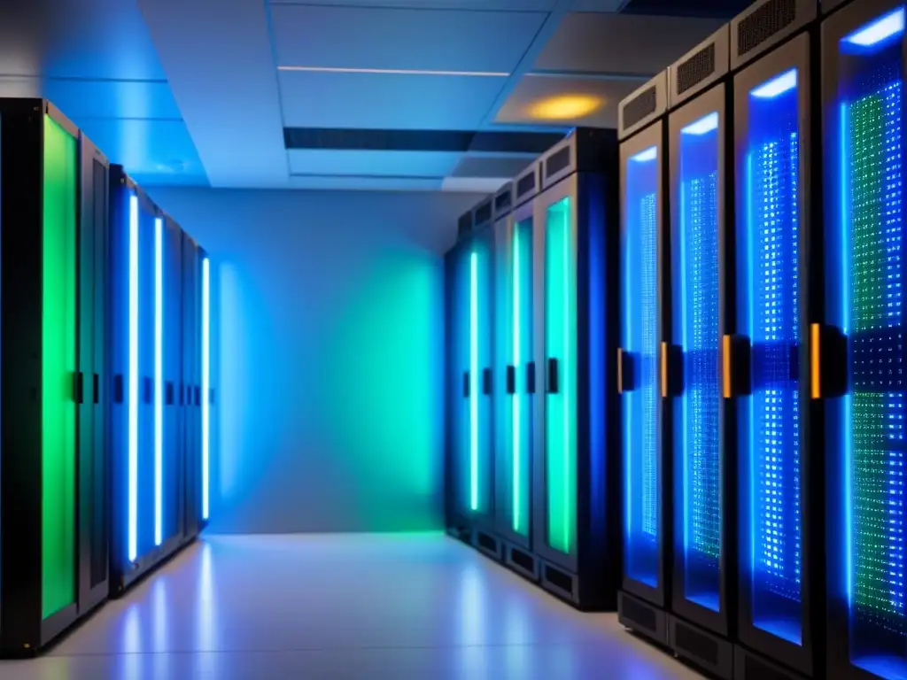 Centro de datos futurista: tecnología de vanguardia en acción Modernos servidores y sistemas de enfriamiento en centro de datos futurista con luces azules y verdes brillantes
