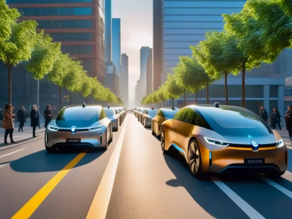 Visión futurista de una ciudad sostenible y tecnológica Movilidad sostenible impacta el mercado inmobiliario: Futurista ciudad con vehículos eléctricos, edificios modernos y naturaleza urbana al atardecer