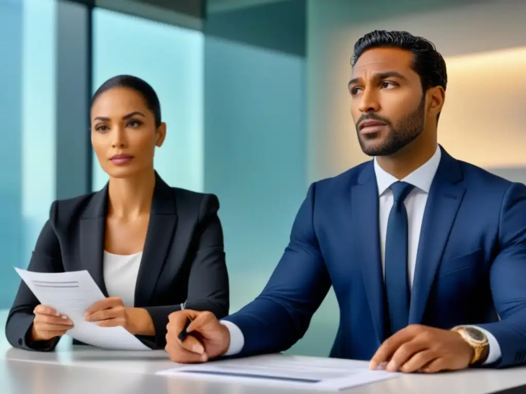 Mediación internacional: Profesionalismo y diversidad en la resolución de conflictos Una mujer hispana y un hombre afroamericano en una oficina moderna resolviendo conflictos inmobiliarios internacionales