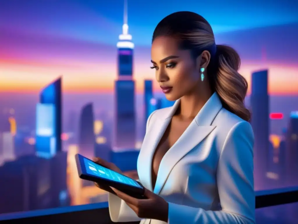 Profesional analizando gráficos de seguros en ciudad futurista Mujer profesional analizando gráficos de aumento primas seguros propiedades comerciales en ciudad futurista al anochecer
