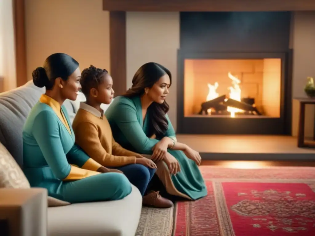 Hogar de Tradiciones: Familia Multigeneracional en Sala Acogedora Multigenerational familia reunida alrededor de chimenea acogedora en sala decorada, impacto tradiciones familiares selección propiedades