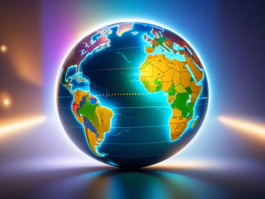 Globalización financiera: impacto de las divisas en el mercado inmobiliario Un mundo detallado rodeado de símbolos de monedas con destellos de luz que representan fluctuaciones cambiarias