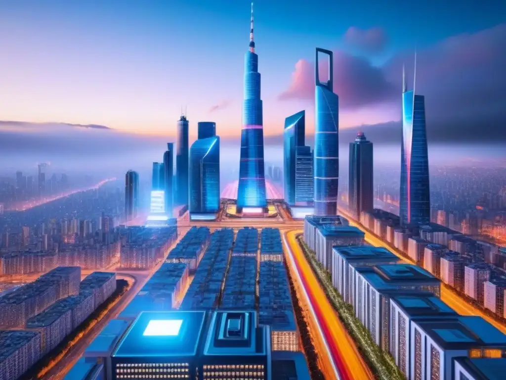 Metrópolis digital futurista: inversión inmobiliaria global interconectada En un mundo post-pandemia, la inversión inmobiliaria internacional se fusiona con la tecnología en una ciudad futurista y vibrante