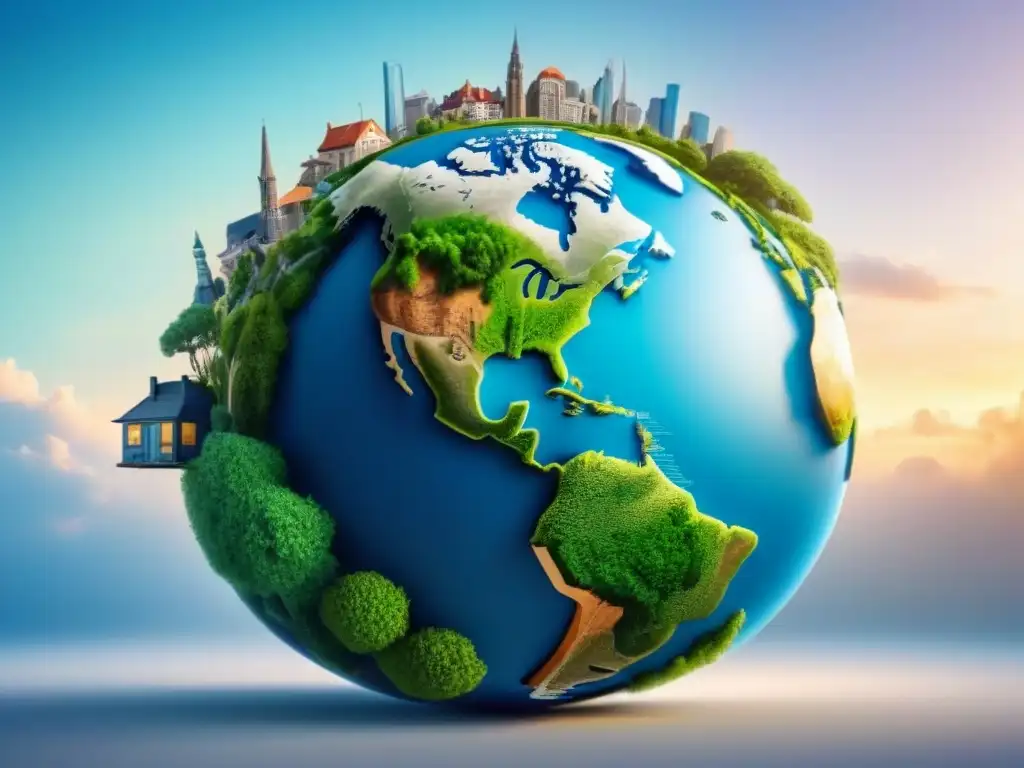Protección global: seguro de propiedades en zonas de alto riesgo Un mundo protegido: ilustración detallada de un globo rodeado de propiedades, simbolizando seguros propiedad internacional zonas riesgo