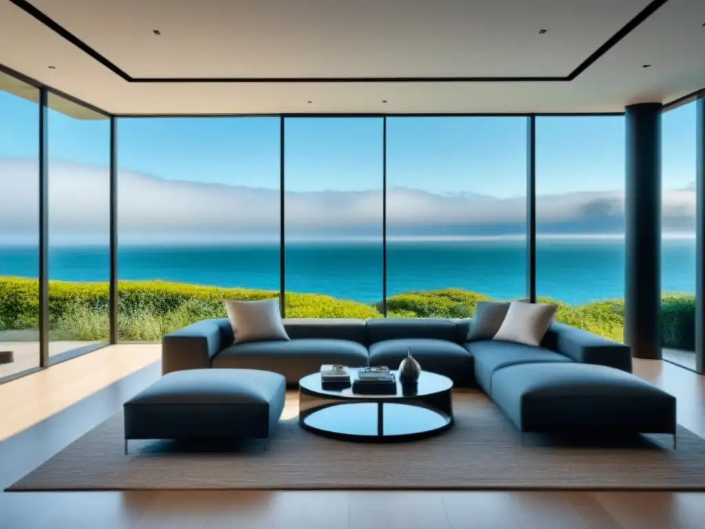 Sala de lujo frente al mar: diseño moderno y elegante en 8k Narrativa visual en tours virtuales: Sala de lujo moderna con vista al mar, diseño minimalista y toque de naturaleza