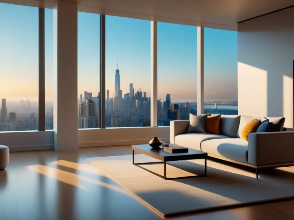 Vista panorámica de sala moderna con vista a la ciudad en 8k Una narrativa visual en tours virtuales de una sala moderna con vistas a la ciudad