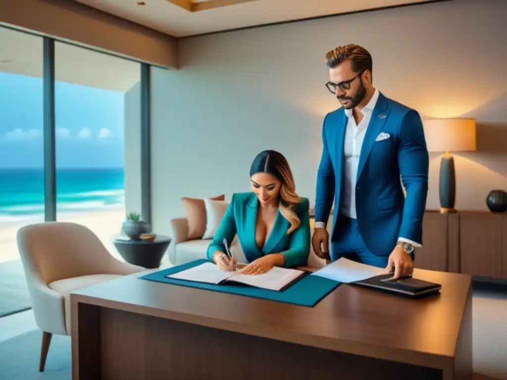 Negociación de timeshare en sala de lujo frente a la playa Una negociación exitosa de tiempo compartido en un lujoso salón con vista a la playa tropical