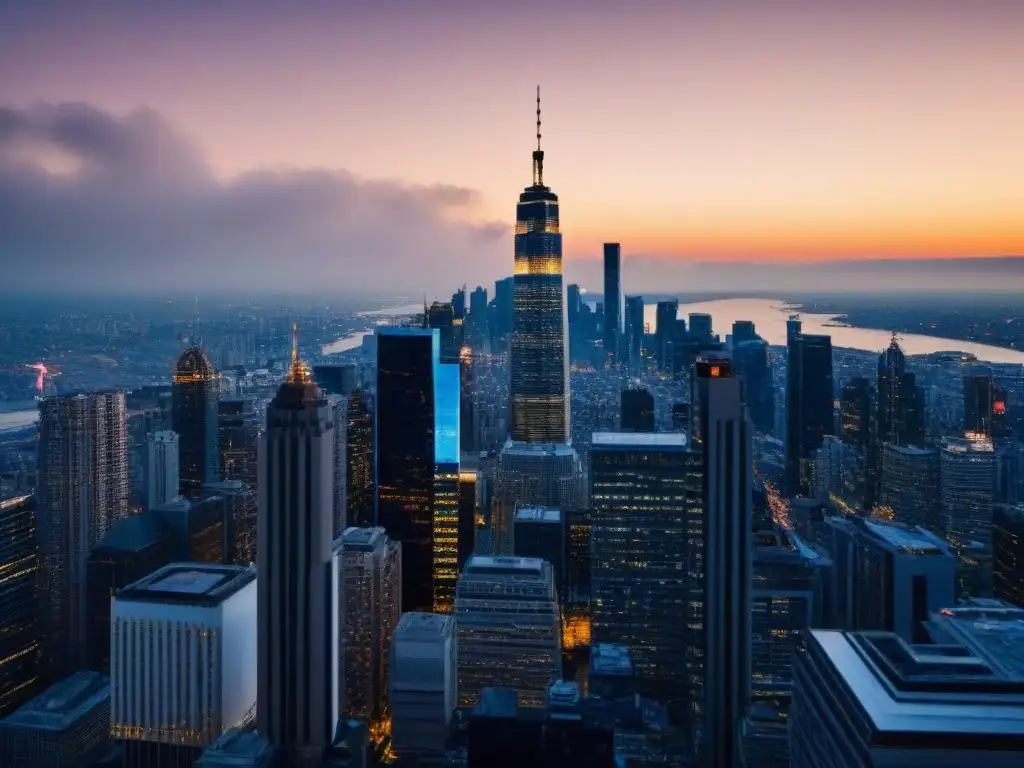 Negociaciones globales al atardecer: skyline metropolitano en pleno auge Negociaciones en entorno M&A internacional: rascacielos iluminados al atardecer en una ciudad bulliciosa