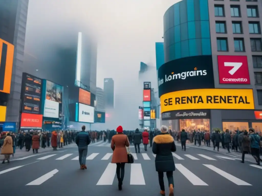 Negociaciones de alquiler en ciudad con alta inflación Negociaciones frenéticas en la calle de una ciudad con alta inflación y regulaciones alquiler, mostrando propiedades en alquiler y tipos de cambio