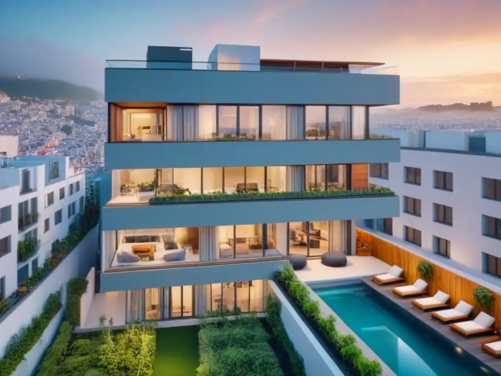 Coliving de vanguardia: edificio moderno en ciudad internacional Inversión en coliving a nivel global: Edificio moderno de coliving en ciudad internacional, con espacios comunes innovadores y diseño contemporáneo
