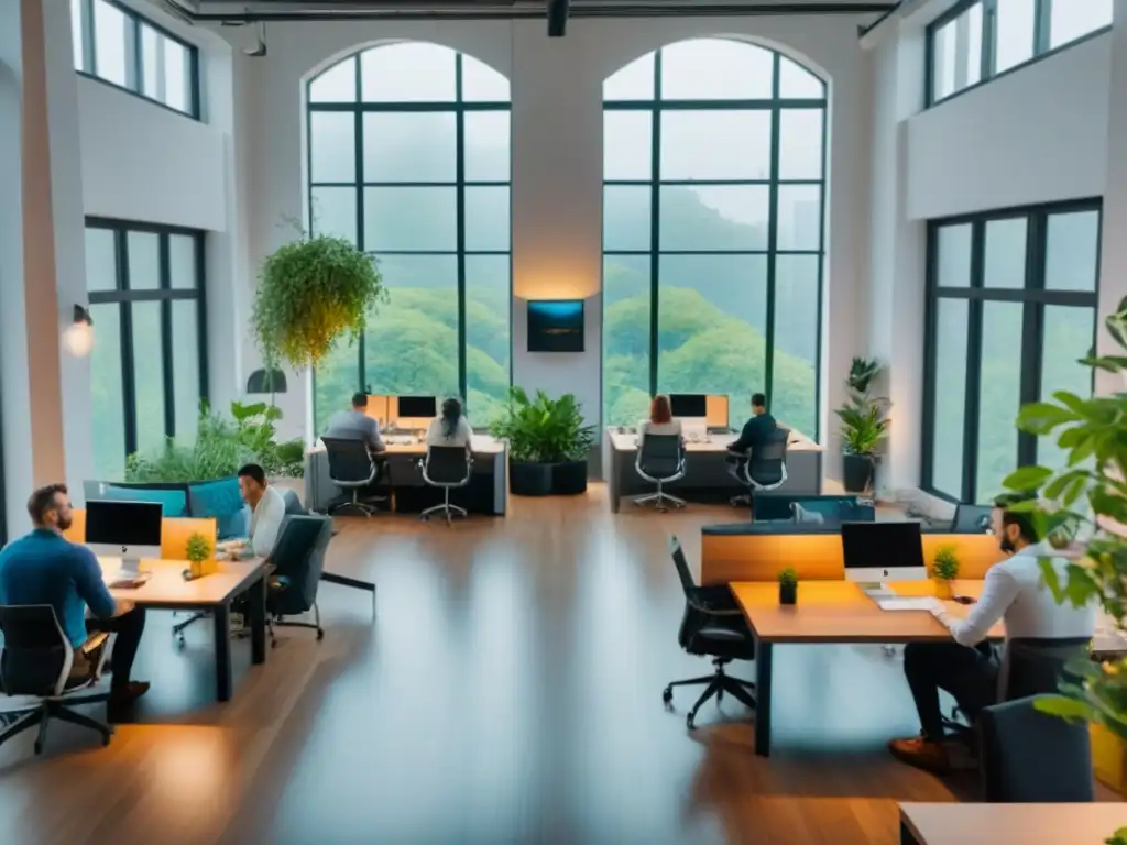 Coworking urbano: digital nomads en acción Nómadas digitales en coworking internacional, trabajando en metrópoli moderna con vegetación y arte contemporáneo