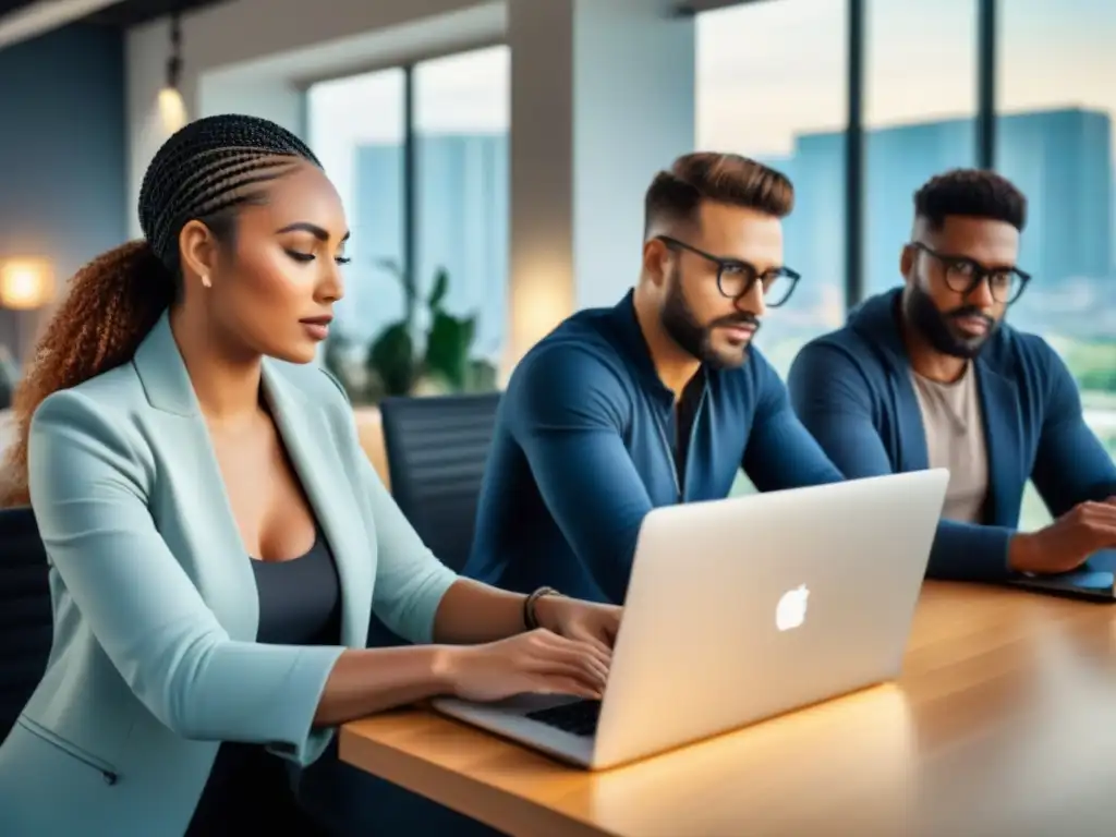 Digital Nomads en Coworking: Energía Global en Acción Nómadas digitales en coworking internacional, colaborando en un espacio moderno y dinámico
