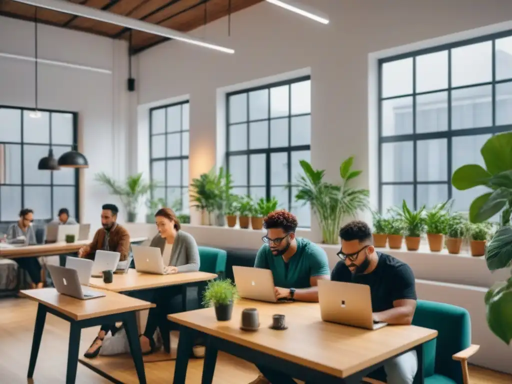 Coworking global: digital nomads trabajando en comunidad Nómadas digitales en coworking internacional, ambiente colaborativo y vibrante con luz natural y plantas verdes