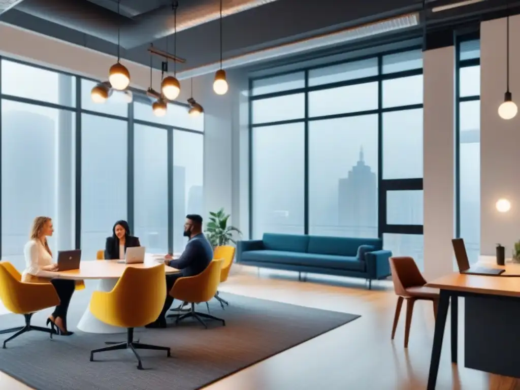 Espacio coworking innovador con profesionales colaborando Nómadas digitales en espacios de coworking internacional, profesionales colaborando en un ambiente vibrante y moderno