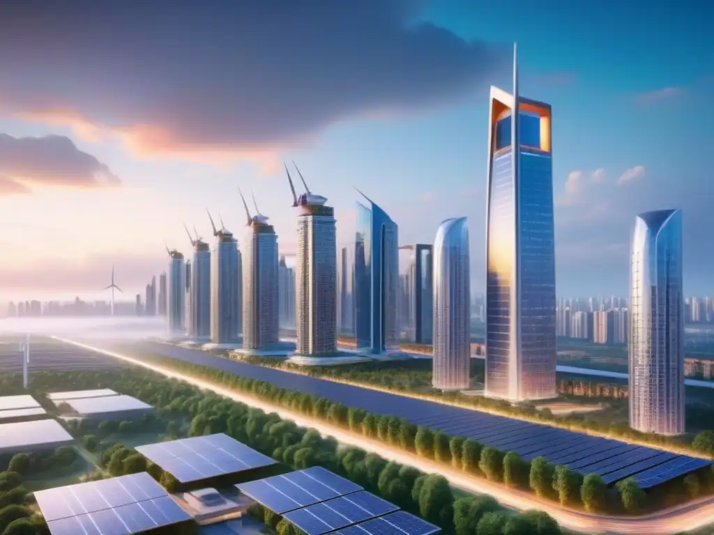Futurista ciudad verde con arquitectura innovadora Nuevas tendencias inversión mercado inmobiliario: Ciudad futurista sostenible con arquitectura innovadora y transporte eco