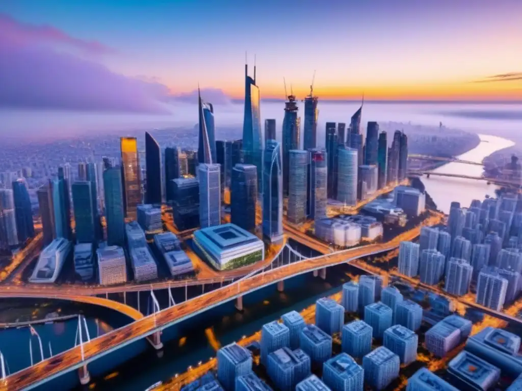 Metrópolis moderna: Desarrollo urbano en atardecer vibrante Nuevas tendencias en el mercado inmobiliario: una ciudad moderna llena de rascacielos bajo la cálida luz del atardecer