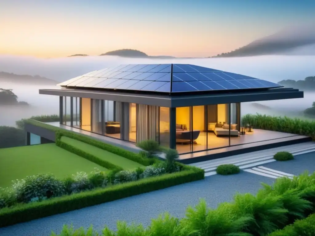Arquitectura sostenible en armonía con la naturaleza Un oasis de arquitectura sostenible con paneles solares, ventanales y sistema de recolección de agua de lluvia