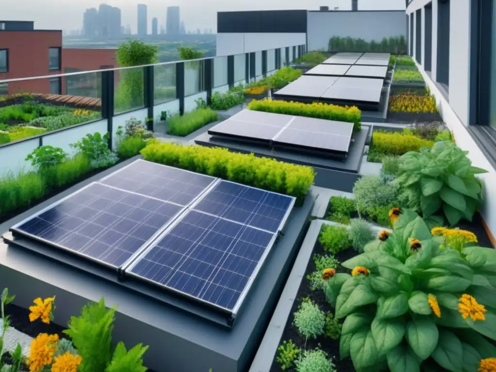 Jardín ecológico en la azotea: oasis sostenible Un oasis ecológico en la azotea de un edificio moderno multifamiliar