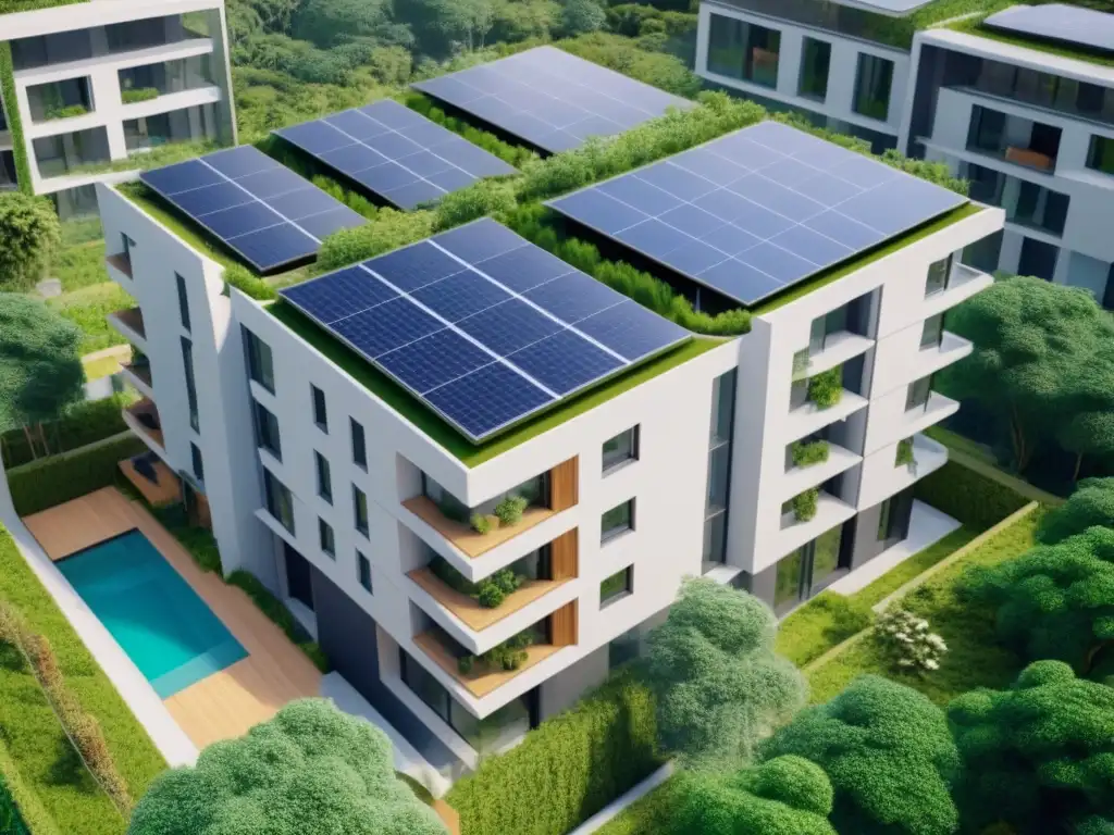Complejo residencial ecológico: armonía natural en 8k Un oasis ecológico: complejo residencial moderno rodeado de naturaleza, paneles solares y diseño sostenible