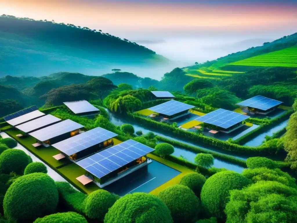 Complejo ecológico: armonía entre arquitectura moderna y naturaleza Un oasis ecológico: complejo residencial sostenible con paneles solares y autos eléctricos