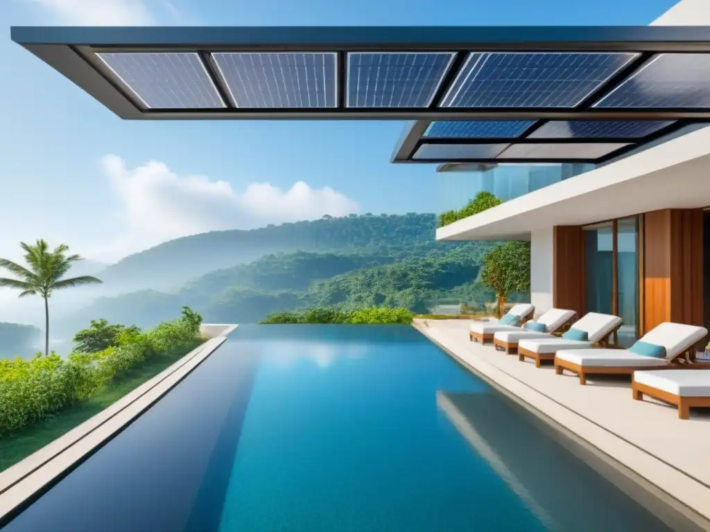 Resort ecológico de lujo: armonía entre lujo y sostenibilidad Un oasis ecológico de lujo con paneles solares y huéspedes disfrutando de amenidades sostenibles