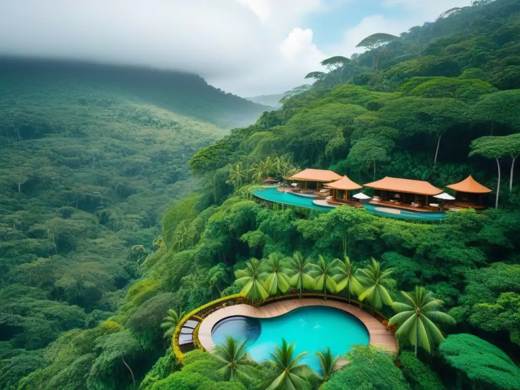 Resort ecofriendly de lujo en la selva tropical Un oasis ecológico de lujo en la selva tropical con energía solar y piscina infinita