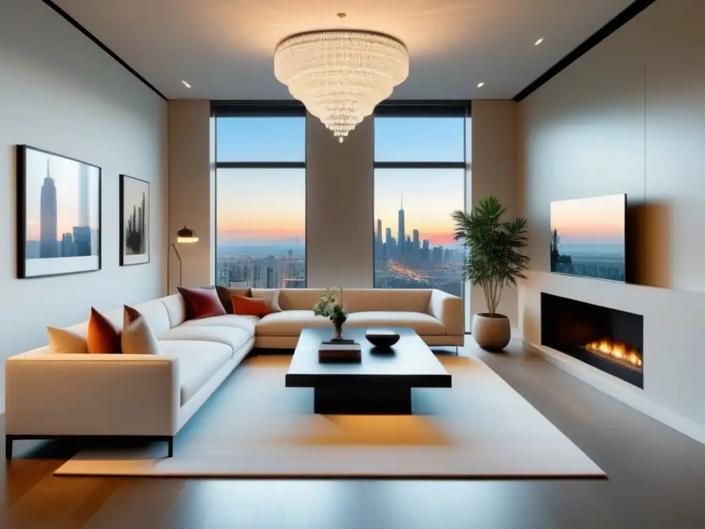 Salón de lujo en apartamento renovado con vista a la ciudad Un oasis de elegancia y sofisticación en un apartamento de lujo renovado, fusionando belleza y funcionalidad para el mercado inmobiliario