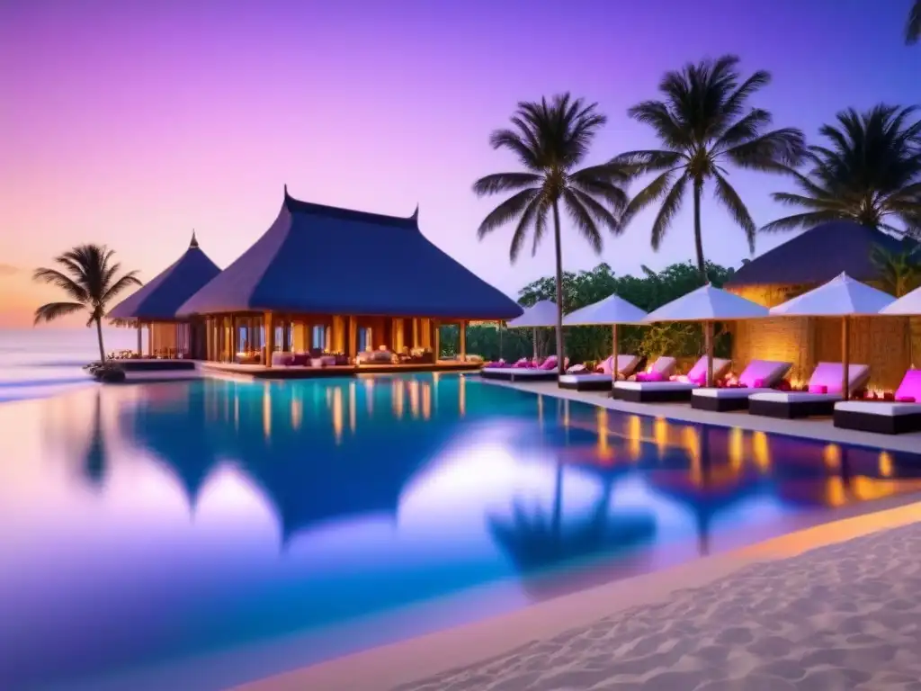 Piscina infinita de lujo en playa al atardecer Un oasis exclusivo: piscina de lujo con vistas a la playa al atardecer en resorts de tiempo compartido de lujo