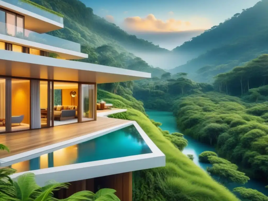 Resort ecológico de lujo en bosque verde: imagen 8k Un oasis futurista y ecológico en la naturaleza, ideal para inversiones turísticas ecológicas internacionales