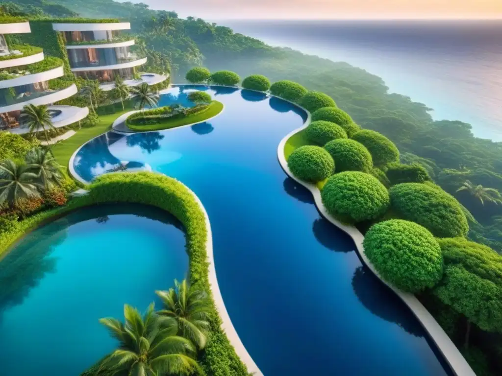 Paraíso futurista: resort de lujo entre naturaleza exuberante Un oasis futurista en armonía con la naturaleza y diseño moderno, reflejando el impacto de la globalización en el mercado inmobiliario vacacional