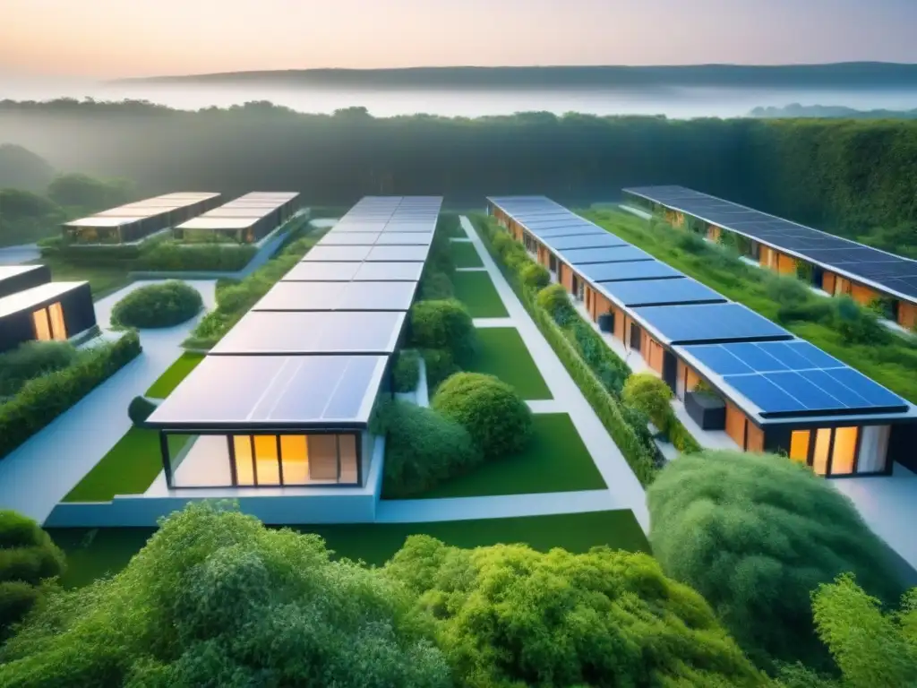 Complejo de cohousing eco-moderno en la naturaleza Un oasis de innovación en cohousing global, con arquitectura moderna y residentes disfrutando de actividades comunitarias al aire libre