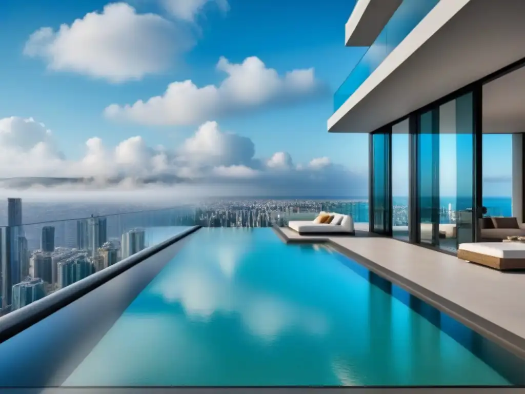 Rascacielos futurista en las nubes: lujo y exclusividad Un oasis de lujo en las alturas: edificio de apartamentos de superlujo con piscinas infinitas y helipuertos, entre nubes y ciudad