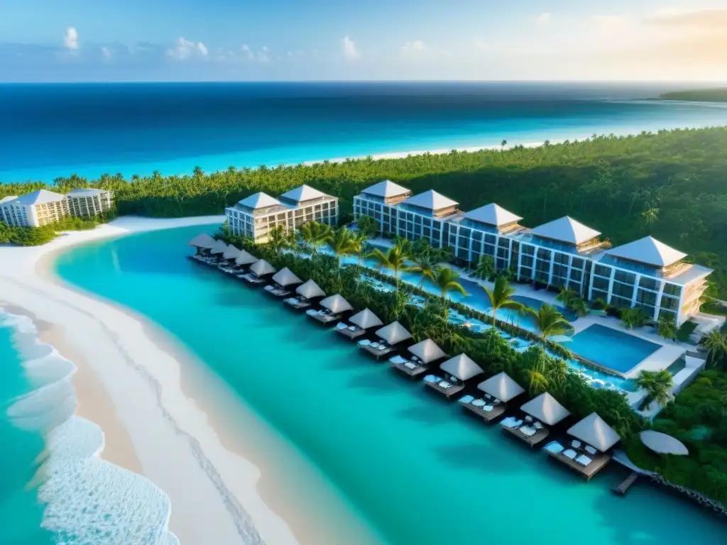 Resort de lujo en paraíso tropical: arquitectura moderna y aguas turquesa Un oasis de lujo con arquitectura moderna rodeado de aguas turquesas y exuberante vegetación