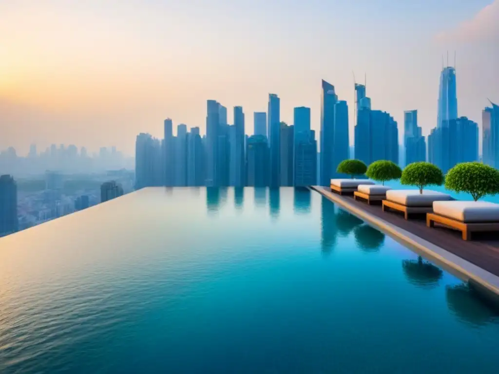 Exclusiva piscina infinita en skyline asiático al atardecer Un oasis de lujo en la azotea con piscina infinita, rodeado de modernidad y vegetación en una ciudad asiática