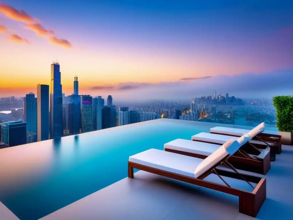 Exclusiva piscina infinita en azotea con vista panorámica al atardecer Un oasis de lujo en la azotea con piscina infinita, vista panorámica de la ciudad al atardecer y diseño moderno