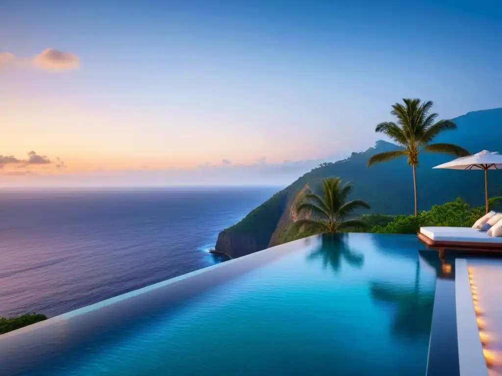 Piscina infinita de lujo en acantilado con atardecer dorado Un oasis de lujo en el borde de un acantilado, con piscina infinita y vista al mar turquesa al atardecer