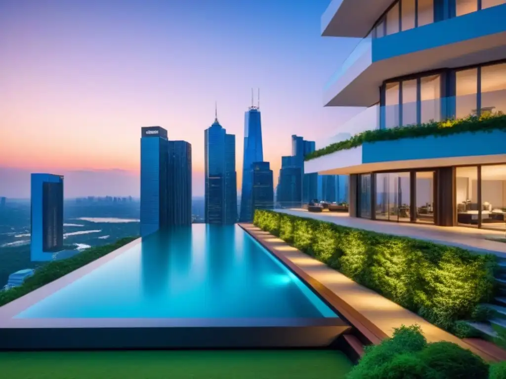 Edificio de lujo con piscina infinita y vistas al atardecer en la ciudad Un oasis de lujo en la ciudad: un rascacielos moderno con ventanales de piso a techo, piscina infinita en la azotea y vistas a la ciudad al atardecer