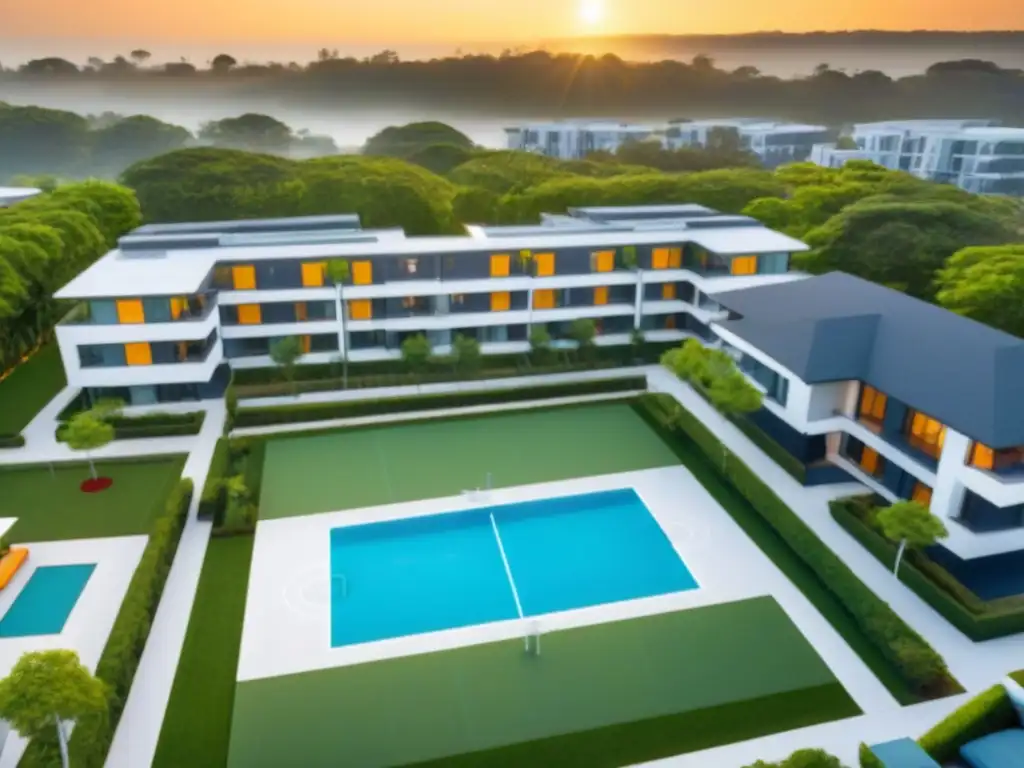 Complejo residencial de lujo al atardecer con diseño arquitectónico único Un oasis de lujo y comunidad en un complejo de apartamentos moderno al atardecer