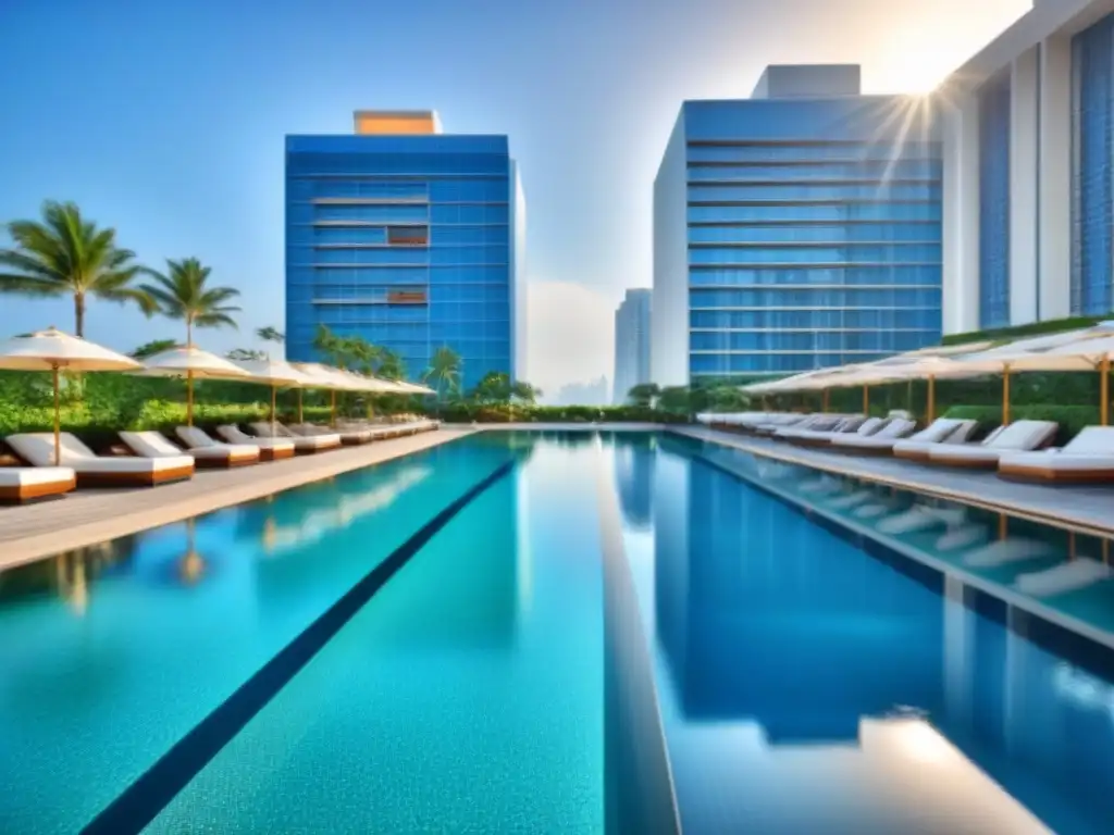 Edificio de lujo con piscina y palmeras Un oasis de lujo y exclusividad: moderno edificio en altura con piscina y palmeras
