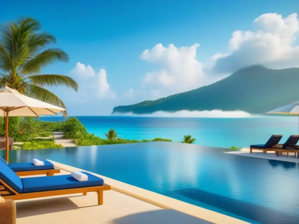 Resort de lujo frente al mar con piscina infinita y vistas impresionantes Un oasis de lujo frente a la playa con arquitectura moderna y piscina infinita, rodeado de palmeras