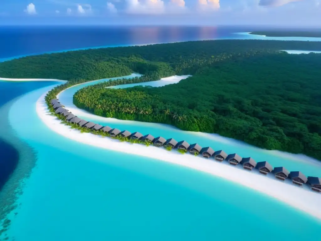 Resort de lujo en isla privada: vistas aéreas y atardecer dorado Un oasis de lujo en una isla privada con aguas turquesas, villas elegantes y atardecer dorado