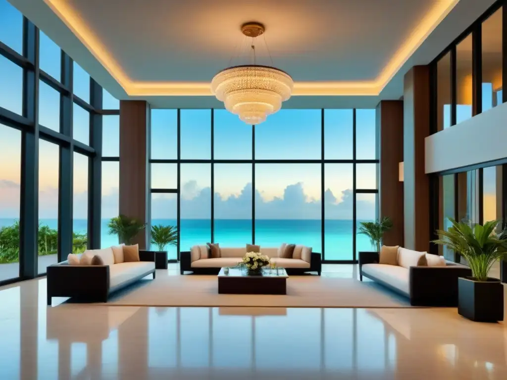 Exclusivo lobby de resort con vista a la playa Un oasis de lujo en un lobby de resort moderno con detalles elegantes y vistas paradisíacas