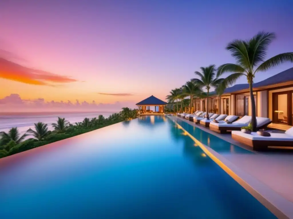 Un oasis de lujo frente al mar con arquitectura moderna, piscinas infinitas y atardecer dorado