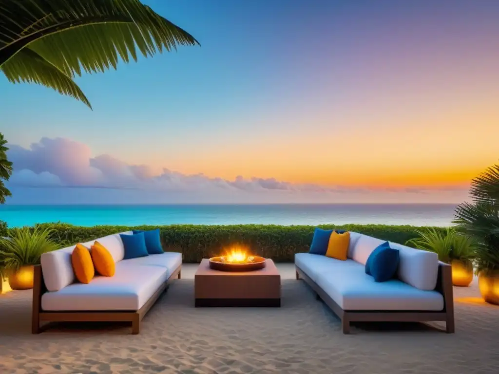 Propiedad de lujo frente a la playa al atardecer Un oasis de lujo frente al mar al atardecer, ideal para promocionar propiedad vacacional eventos locales