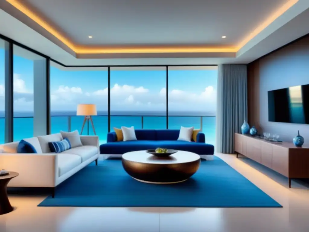 Salón de lujo en resort de tiempo compartido frente al mar Un oasis de lujo frente al mar en un complejo de tiempo compartido, con mobiliario moderno y vistas panorámicas al océano
