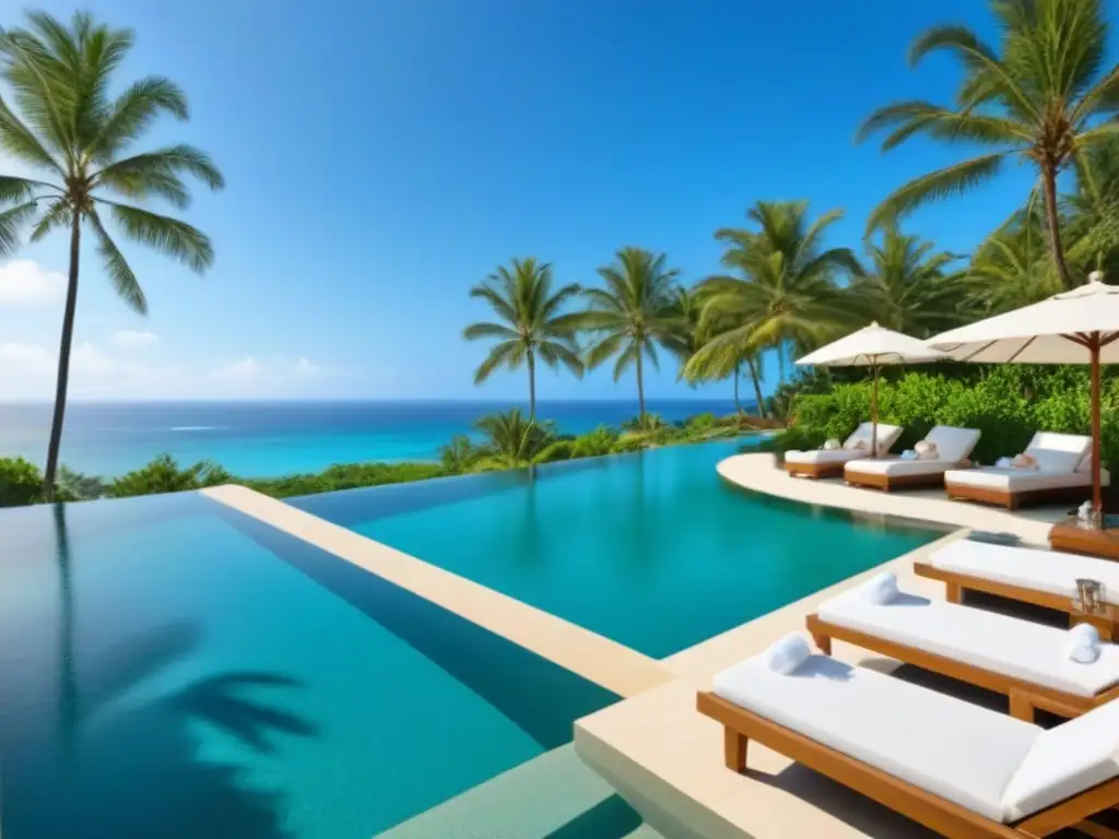 Resort de lujo con piscina infinita y vistas al mar turquesa Un oasis de lujo frente al mar con piscina infinita, palmeras exuberantes y toallas blancas