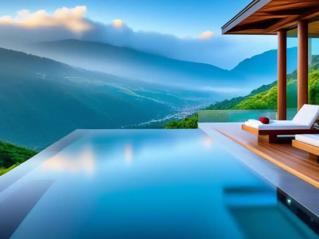 Spa de lujo en la montaña: piscina infinita con vistas panorámicas Un oasis de lujo y modernidad en la montaña: infinity pool, lounge blancos, vegetación exuberante y picos nevados